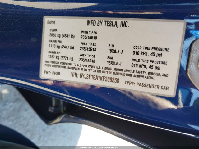 Tesla Model 3 Long Range/mid Range/standard Range/standard Range Plus 2019 5YJ3E1EA1KF309258 Image 9