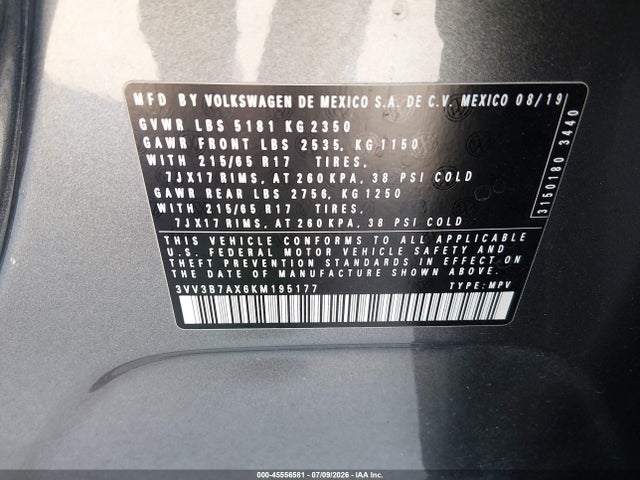 3VV3B7AX6KM195177 Volkswagen Tiguan 2.0t Se/2.0t Sel/2.0t Sel R-line/2.0t Sel R-line Black