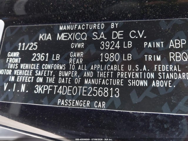 2026 Kia K4 Lxs მანქანა იყიდება აუქციონზე, vin: 3KPFT4DE0TE256813, აუქციონის ნომერი: 45556589