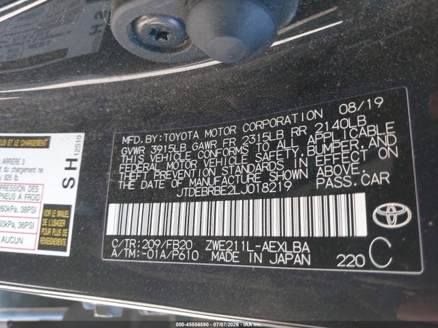 JTDEBRBE2LJ018219 Toyota Corolla Hybrid Le
