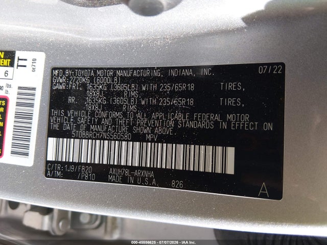 5TDBBRCH7NS560580 Toyota Highlander Hybrid Le