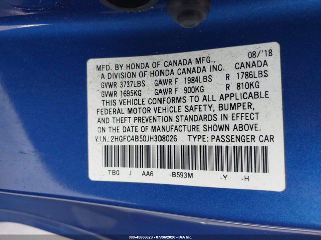 Aukcja sprzedaży 2018 Honda Civic Lx, vin: 2HGFC4B50JH308026, numer aukcji: 45556628