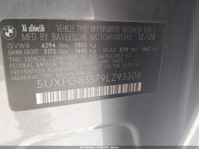 2009 Bmw X6 Xdrive50i მანქანა იყიდება აუქციონზე, vin: 5UXFG83579LZ93308, აუქციონის ნომერი: 45556635
