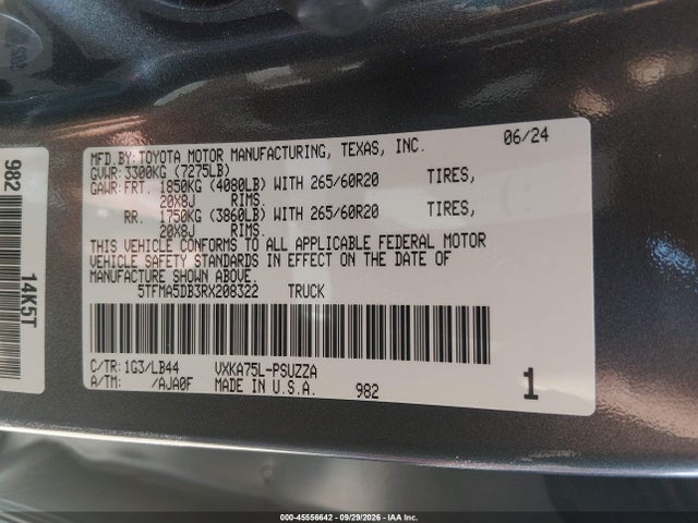 45556642 :رقم المزاد ، 5TFMA5DB3RX208322 vin ، 2024 Toyota Tundra 1794 Edition مزاد بيع