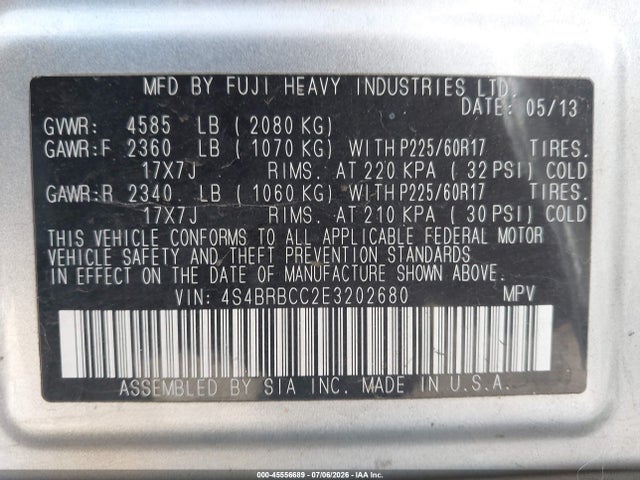 2014 Subaru Outback 2.5i Premium მანქანა იყიდება აუქციონზე, vin: 4S4BRBCC2E3202680, აუქციონის ნომერი: 45556689