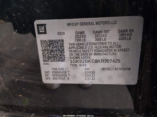 2019 Gmc Yukon Slt მანქანა იყიდება აუქციონზე, vin: 1GKS2BKC8KR307425, აუქციონის ნომერი: 45556698