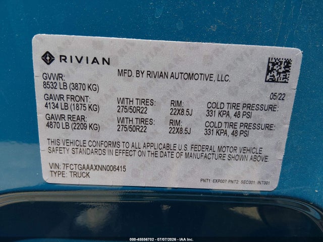 Rivian R1t Adventure 2022 7FCTGAAAXNN006415 Image 9