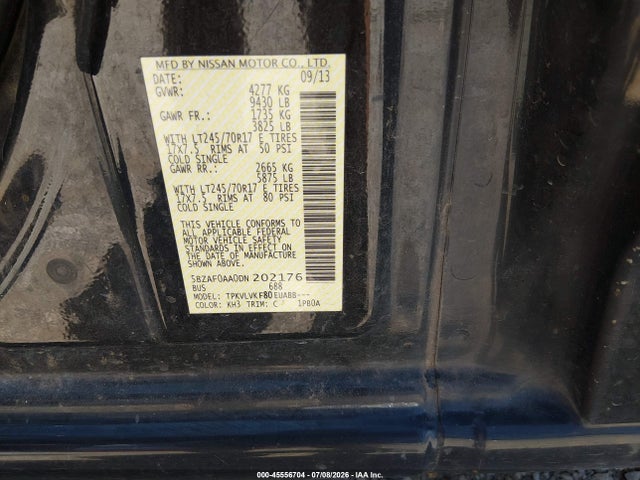 2013 Nissan Nv Passenger Nv3500 Hd Sl V8 მანქანა იყიდება აუქციონზე, vin: 5BZAF0AA0DN202176, აუქციონის ნომერი: 45556704