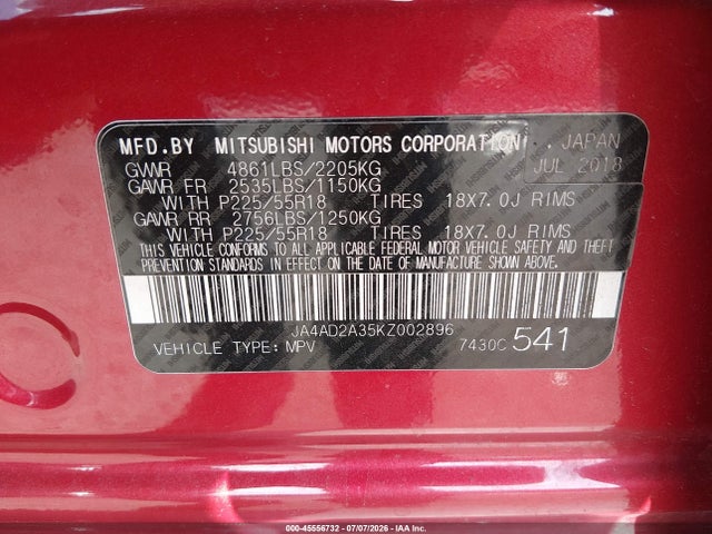 2019 Mitsubishi Outlander Es მანქანა იყიდება აუქციონზე, vin: JA4AD2A35KZ002896, აუქციონის ნომერი: 45556732
