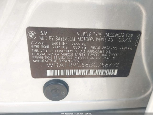 Продаж на аукціоні авто 2011 Bmw 550i, vin: WBAFR9C58BC758792, номер лоту: 45556763