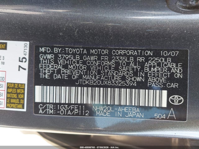 Продаж на аукціоні авто 2008 Toyota Prius, vin: JTDKB20UX83325394, номер лоту: 45556765