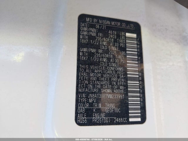 JN8AT3BB7MW233991 Nissan Rogue Sv Intelligent Awd