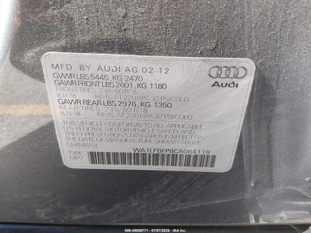 Aukcja sprzedaży 2012 Audi Q5 2.0t Premium, vin: WA1LFBFP8CA084119, numer aukcji: 45556771