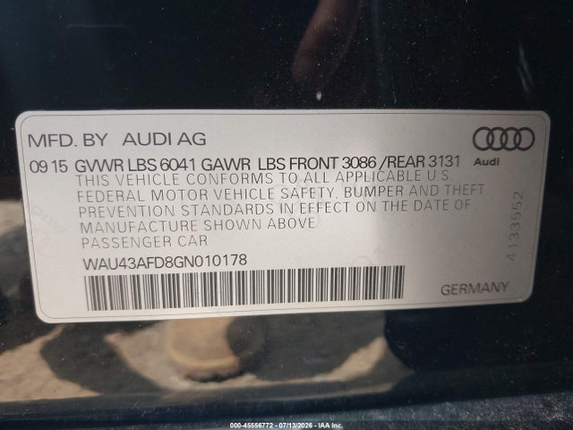 2016 Audi A8 L 4.0t Sport მანქანა იყიდება აუქციონზე, vin: WAU43AFD8GN010178, აუქციონის ნომერი: 45556772