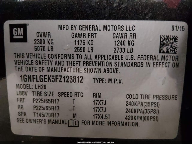 Продажа на аукционе авто 2015 Chevrolet Equinox Lt, vin: 1GNFLGEK5FZ123812, номер лота: 45556778