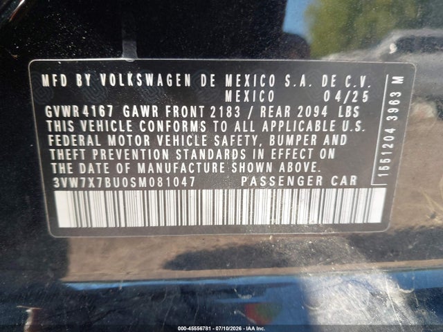 Aukcja sprzedaży 2025 Volkswagen Jetta 1.5t Se, vin: 3VW7X7BU0SM081047, numer aukcji: 45556781