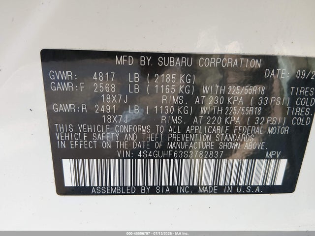 45556797 :رقم المزاد ، 4S4GUHF63S3782837 vin ، 2025 Subaru Crosstrek Sport مزاد بيع