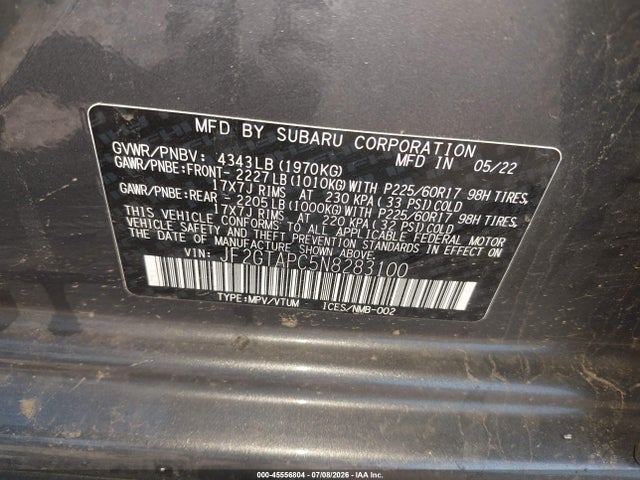 Продаж на аукціоні авто 2022 Subaru Crosstrek Premium, vin: JF2GTAPC5N8283100, номер лоту: 45556804
