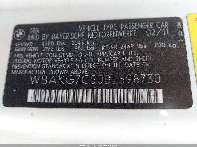 Aukcja sprzedaży 2011 Bmw 335i, vin: WBAKG7C50BE598730, numer aukcji: 45556817