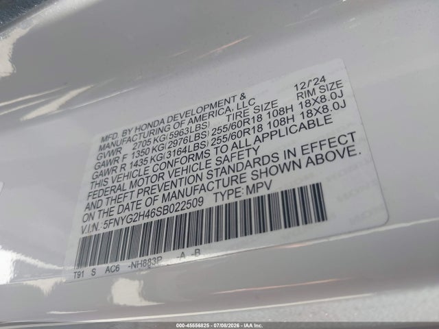 Продажа на аукционе авто 2025 Honda Pilot Ex-l, vin: 5FNYG2H46SB022509, номер лота: 45556825