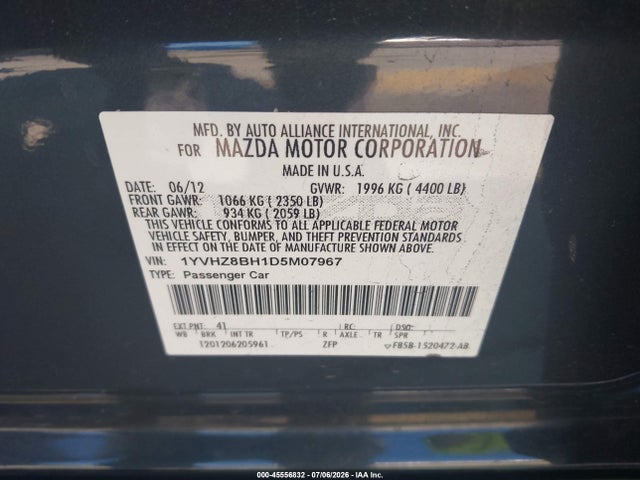 Aukcja sprzedaży 2013 Mazda Mazda6 I Sport, vin: 1YVHZ8BH1D5M07967, numer aukcji: 45556832