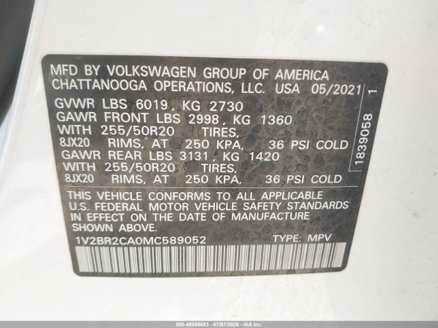 2021 Volkswagen Atlas 3.6l V6 Sel მანქანა იყიდება აუქციონზე, vin: 1V2BR2CA0MC589052, აუქციონის ნომერი: 45556883