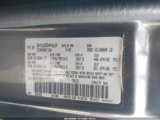 Продажа на аукционе авто 2002 Dodge Ram 2500 St, vin: 3B7KF23632M292360, номер лота: 45556888