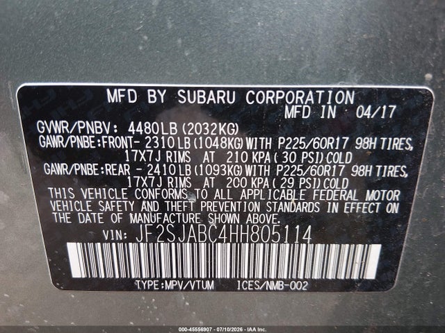 Aukcja sprzedaży 2017 Subaru Forester 2.5i, vin: JF2SJABC4HH805114, numer aukcji: 45556907