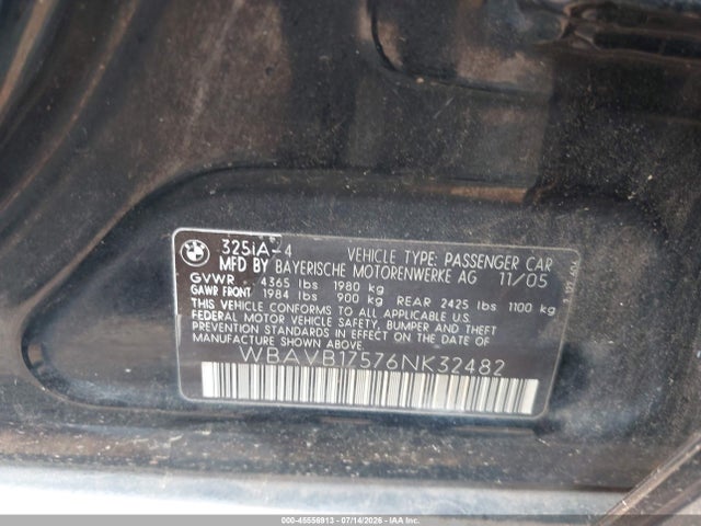 45556913 :رقم المزاد ، WBAVB17576NK32482 vin ، 2006 Bmw 325i مزاد بيع