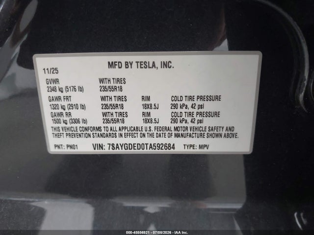Продаж на аукціоні авто 2026 Tesla Model Y Premium Rear-wheel Drive/rear-wheel Drive, vin: 7SAYGDED0TA592684, номер лоту: 45556921