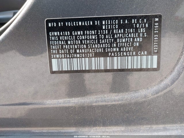 45556930 :رقم المزاد ، 3VWDB7AJ7HM261207 vin ، 2017 Volkswagen Jetta 1.4t Se مزاد بيع