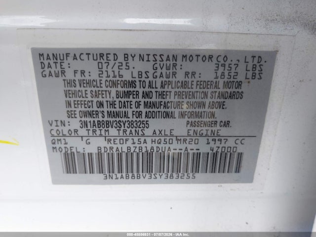 Продажа на аукционе авто 2025 Nissan Sentra S, vin: 3N1AB8BV3SY383255, номер лота: 45556931