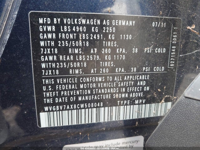 2012 Volkswagen Tiguan Se მანქანა იყიდება აუქციონზე, vin: WVGBV7AX8CW508048, აუქციონის ნომერი: 45556933