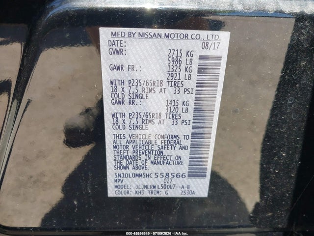 Продаж на аукціоні авто 2017 Infiniti Qx60, vin: 5N1DL0MM5HC558566, номер лоту: 45556949