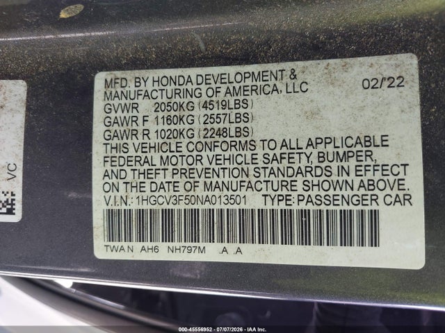 45556952 :رقم المزاد ، 1HGCV3F50NA013501 vin ، 2022 Honda Accord Hybrid Ex-l مزاد بيع