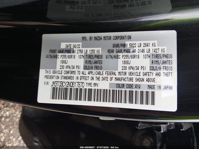 Продажа на аукционе авто 2022 Mazda Cx-9 Touring, vin: JM3TCBCY2N0617870, номер лота: 45556957