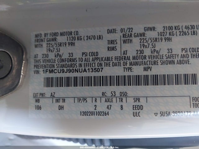 2022 Ford Escape Titanium მანქანა იყიდება აუქციონზე, vin: 1FMCU9J90NUA13507, აუქციონის ნომერი: 45556968