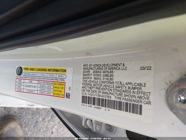 Продаж на аукціоні авто 2022 Honda Accord Sport, vin: 1HGCV1F36NA037806, номер лоту: 45556980