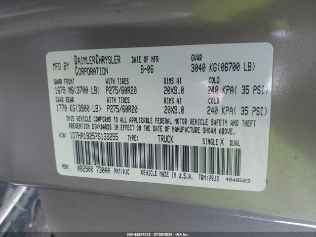 Aukcja sprzedaży 2007 Dodge Ram 1500 Slt, vin: 1D7HA18257S133255, numer aukcji: 45557038