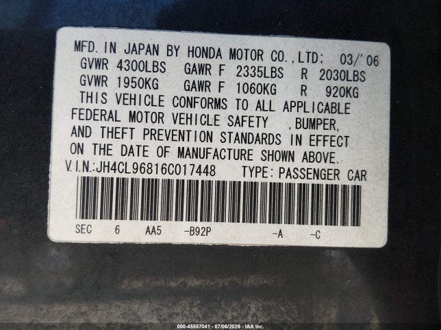 Продажа на аукционе авто 2006 Acura Tsx, vin: JH4CL96816C017448, номер лота: 45557041