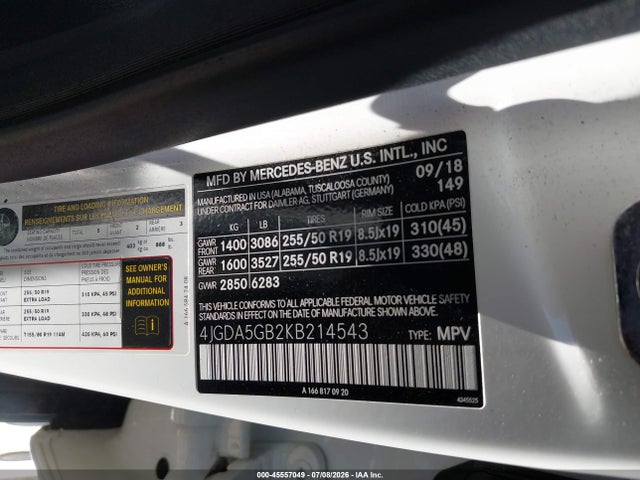 45557049 :رقم المزاد ، 4JGDA5GB2KB214543 vin ، 2019 Mercedes-benz Gle 400 4matic مزاد بيع