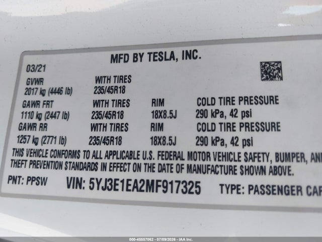 Продаж на аукціоні авто 2021 Tesla Model 3 Standard Range Plus Rear-wheel Drive, vin: 5YJ3E1EA2MF917325, номер лоту: 45557062