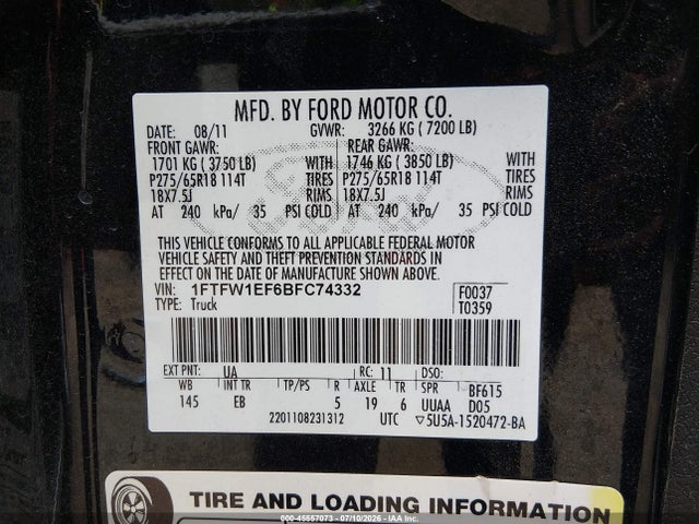 Aukcja sprzedaży 2011 Ford F-150 Fx4/king Ranch/lariat/platinum/xl/xlt, vin: 1FTFW1EF6BFC74332, numer aukcji: 45557073