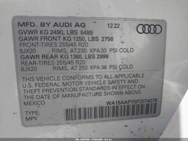 Aukcja sprzedaży 2023 Audi Q5 Sportback Premium Plus 45 Tfsi S Line Quattro S Tronic, vin: WA15AAFY0P2074078, numer aukcji: 45557088