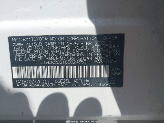 45557089 :رقم المزاد ، JTHCK262185024350 vin ، 2008 Lexus Is 250 مزاد بيع