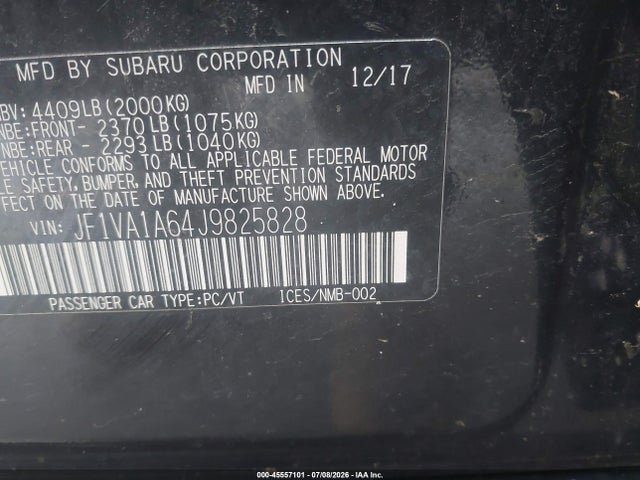 45557101 :رقم المزاد ، JF1VA1A64J9825828 vin ، 2018 Subaru Wrx مزاد بيع
