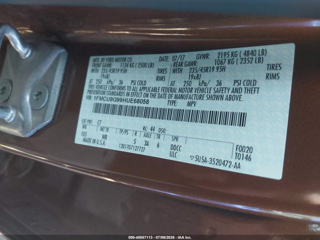 45557113 :رقم المزاد ، 1FMCU9G99HUE68058 vin ، 2017 Ford Escape Se مزاد بيع