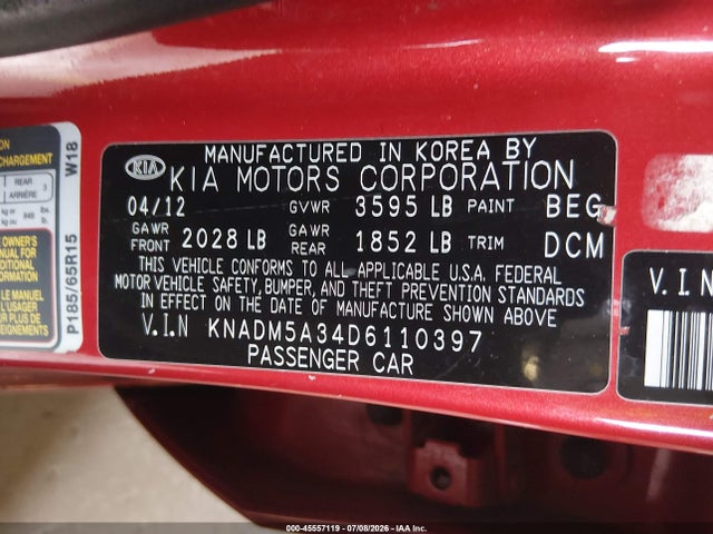 Aukcja sprzedaży 2013 Kia Rio Lx, vin: KNADM5A34D6110397, numer aukcji: 45557119