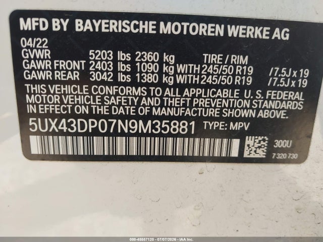 Продаж на аукціоні авто 2022 Bmw X3 Sdrive30i, vin: 5UX43DP07N9M35881, номер лоту: 45557120