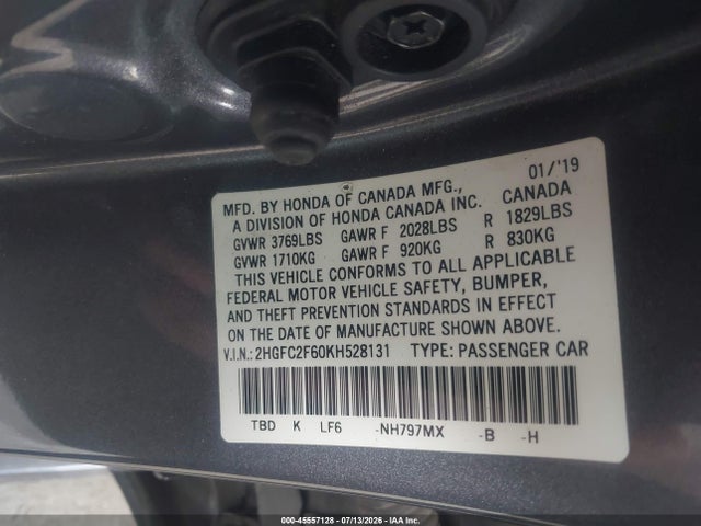Honda Civic Lx 2019 2HGFC2F60KH528131 Image 9
